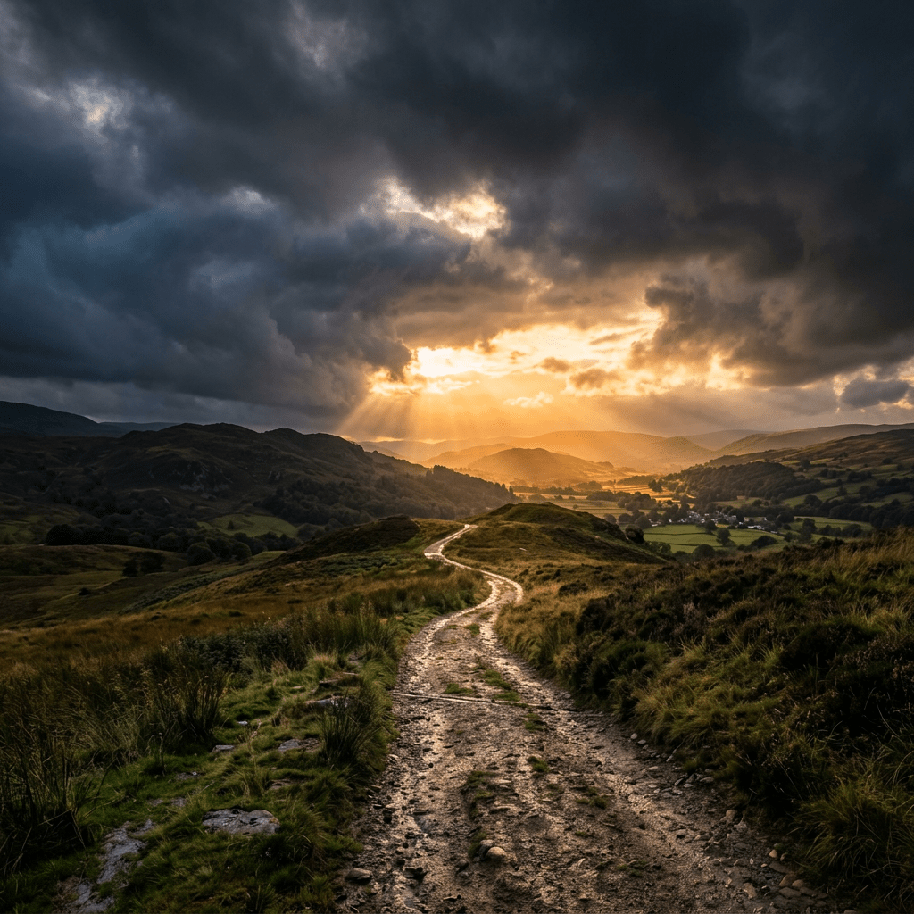 Winding dirt path through grassy hills with sun rays breaking through dark clouds