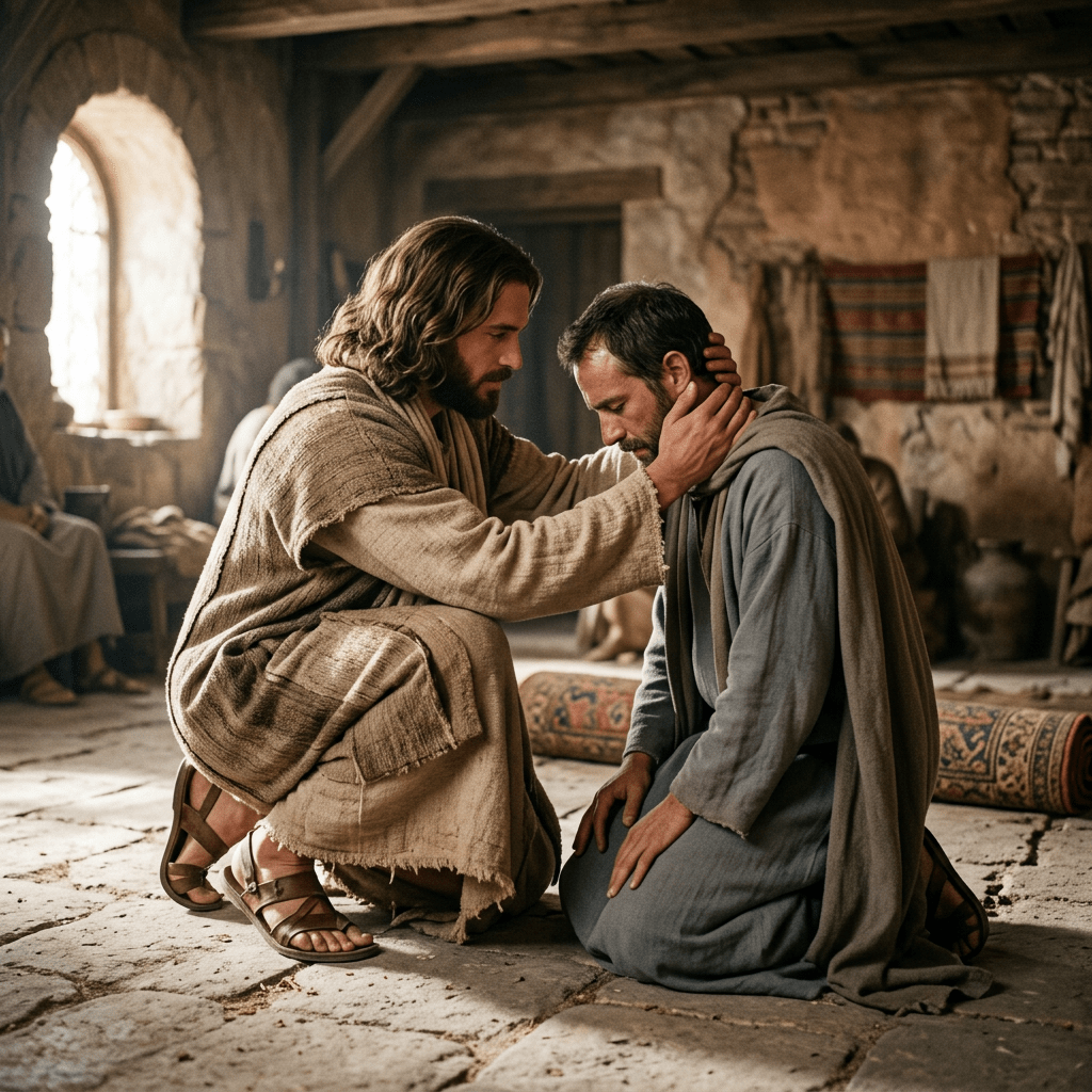 Two men in ancient robes in an emotional comforting gesture inside a rustic room