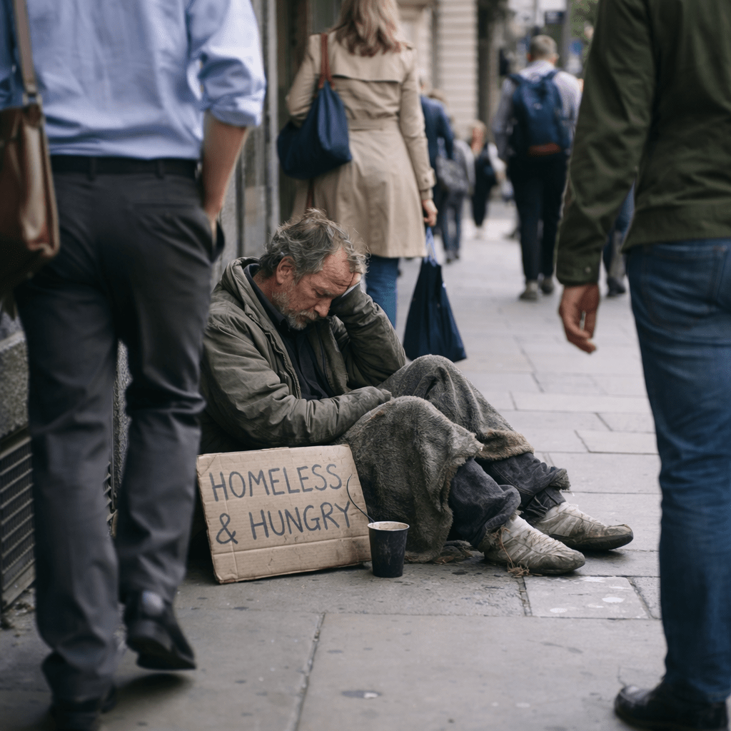 Homeless person sitting, passersby ignoring them